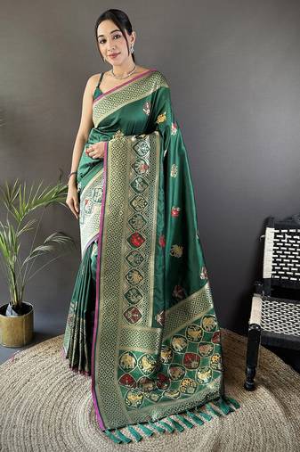 green soft lichi silk blend elephant & floral motifs minakari work banarasi saree
