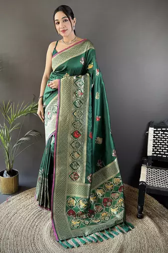 green soft lichi silk blend elephant & floral motifs minakari work banarasi saree