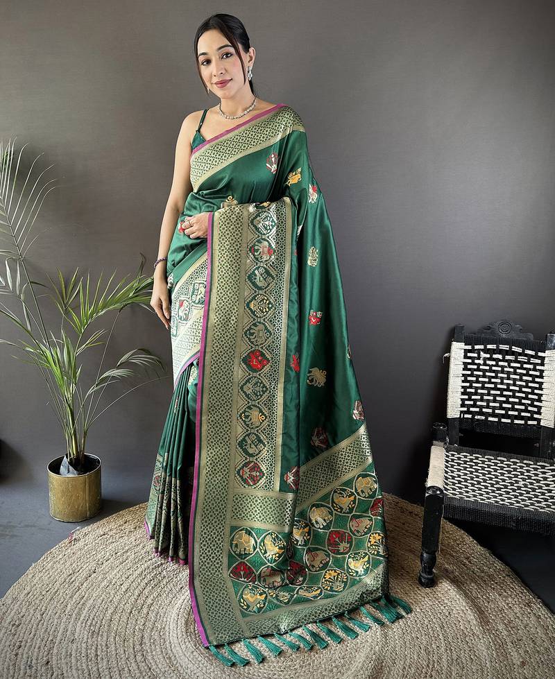 green soft lichi silk blend elephant & floral motifs minakari work banarasi saree