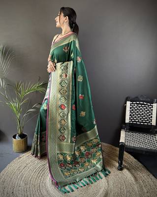 green soft lichi silk blend elephant & floral motifs minakari work banarasi saree 3