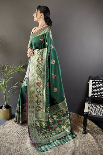 green soft lichi silk blend elephant & floral motifs minakari work banarasi saree
