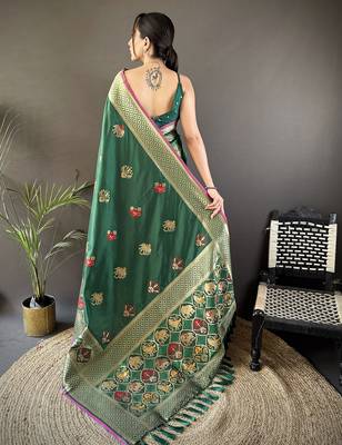 green soft lichi silk blend elephant & floral motifs minakari work banarasi saree 4