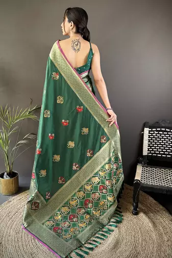 green soft lichi silk blend elephant & floral motifs minakari work banarasi saree