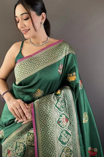 green soft lichi silk blend elephant & floral motifs minakari work banarasi saree