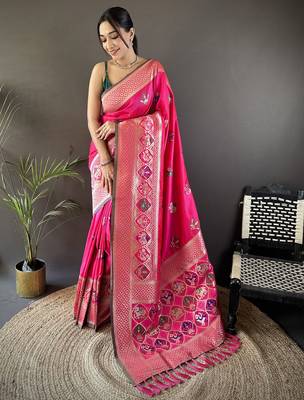 rani pink soft lichi silk blend elephant & floral motifs minakari work banarasi saree 1