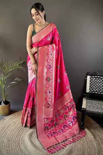 rani pink soft lichi silk blend elephant & floral motifs minakari work banarasi saree