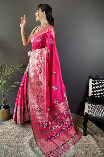 rani pink soft lichi silk blend elephant & floral motifs minakari work banarasi saree