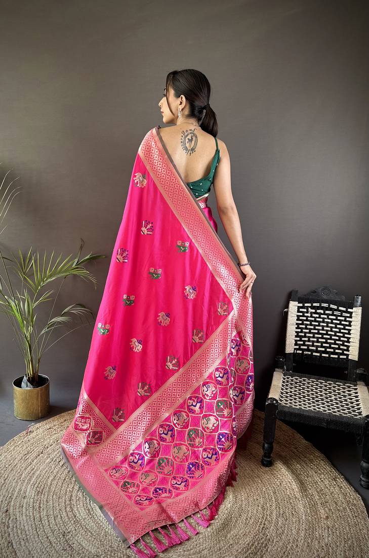 rani pink soft lichi silk blend elephant & floral motifs minakari work banarasi saree