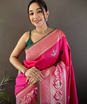 rani pink soft lichi silk blend elephant & floral motifs minakari work banarasi saree 5