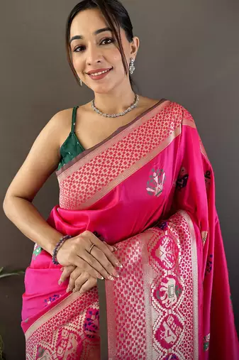 rani pink soft lichi silk blend elephant & floral motifs minakari work banarasi saree
