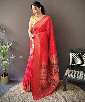 red soft lichi silk blend jacquard butti zari weaving paithani saree 1