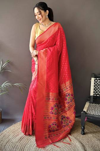red soft lichi silk blend jacquard butti zari weaving paithani saree