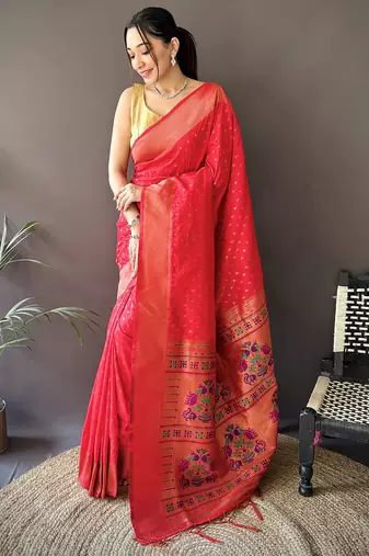 red soft lichi silk blend jacquard butti zari weaving paithani saree