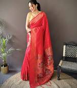 red soft lichi silk blend jacquard butti zari weaving paithani saree