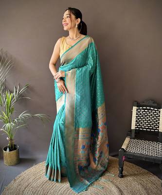 teal green soft lichi silk blend jacquard butti zari weaving paithani saree 1