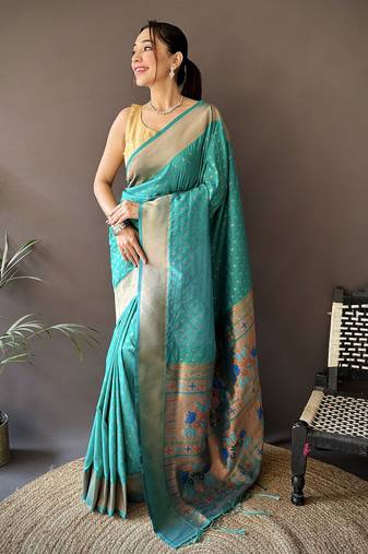 teal green soft lichi silk blend jacquard butti zari weaving paithani saree