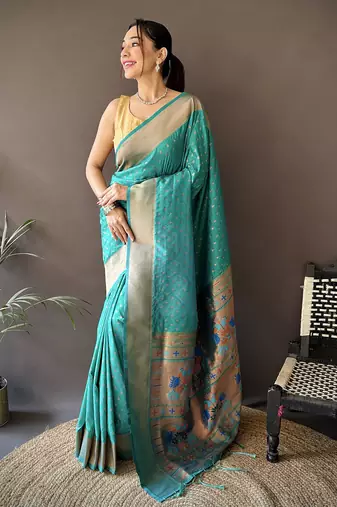 teal green soft lichi silk blend jacquard butti zari weaving paithani saree