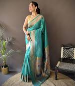 teal green soft lichi silk blend jacquard butti zari weaving paithani saree