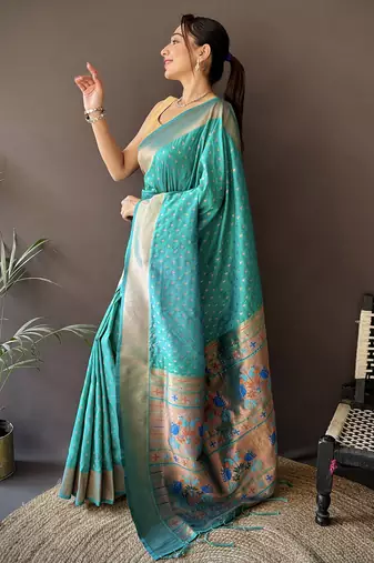 teal green soft lichi silk blend jacquard butti zari weaving paithani saree
