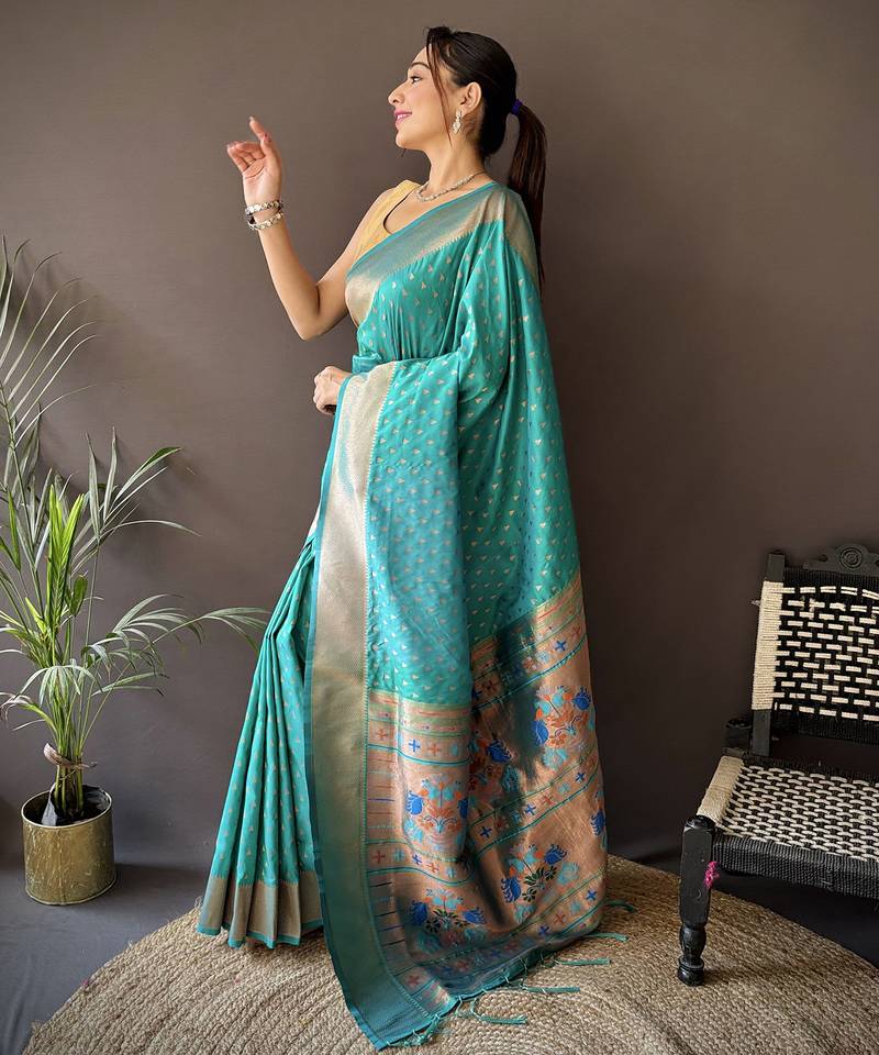 teal green soft lichi silk blend jacquard butti zari weaving paithani saree
