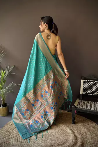 teal green soft lichi silk blend jacquard butti zari weaving paithani saree