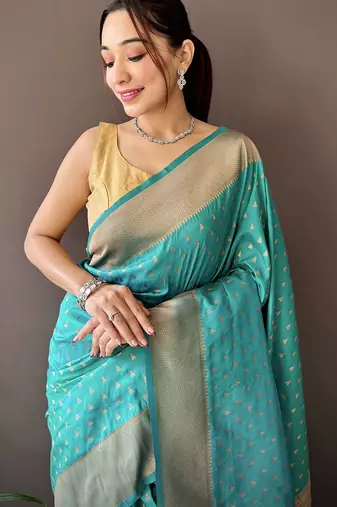 teal green soft lichi silk blend jacquard butti zari weaving paithani saree