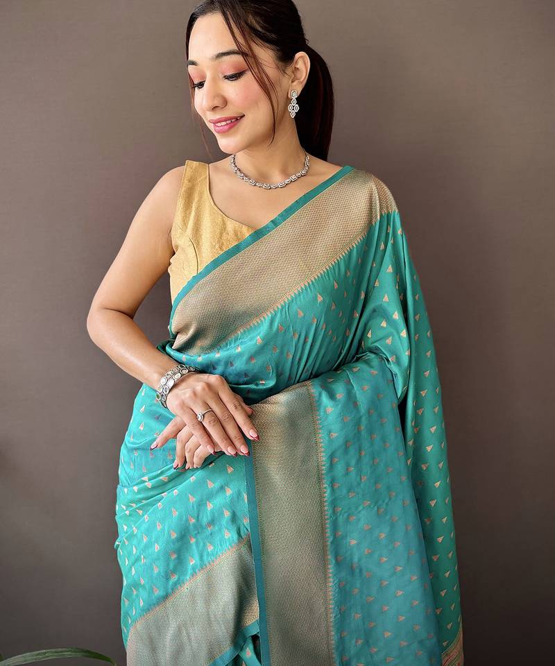 teal green soft lichi silk blend jacquard butti zari weaving paithani saree