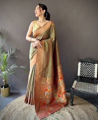 olive green soft lichi silk blend jacquard butti zari weaving paithani saree 1