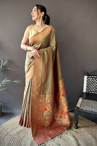 olive green soft lichi silk blend jacquard butti zari weaving paithani saree