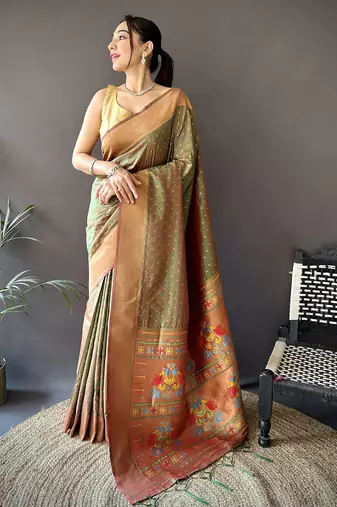 olive green soft lichi silk blend jacquard butti zari weaving paithani saree