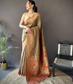 olive green soft lichi silk blend jacquard butti zari weaving paithani saree