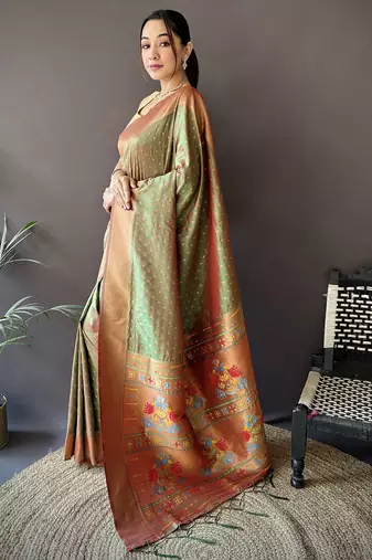 olive green soft lichi silk blend jacquard butti zari weaving paithani saree