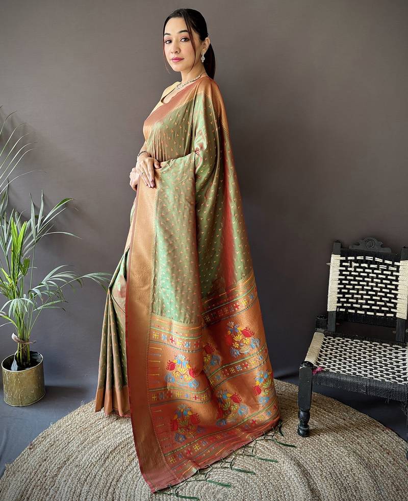 olive green soft lichi silk blend jacquard butti zari weaving paithani saree
