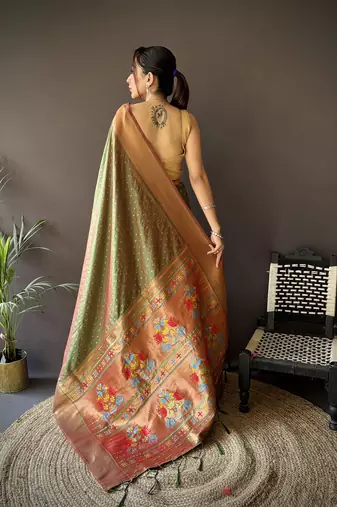 olive green soft lichi silk blend jacquard butti zari weaving paithani saree
