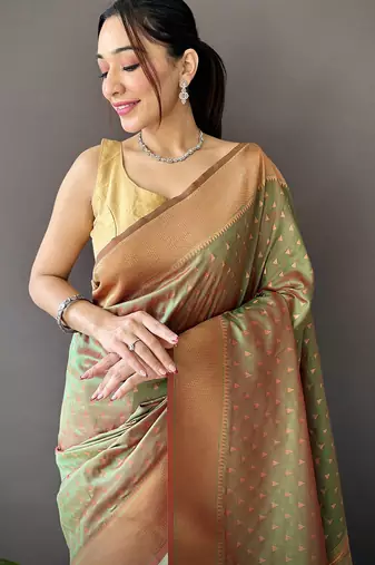 olive green soft lichi silk blend jacquard butti zari weaving paithani saree