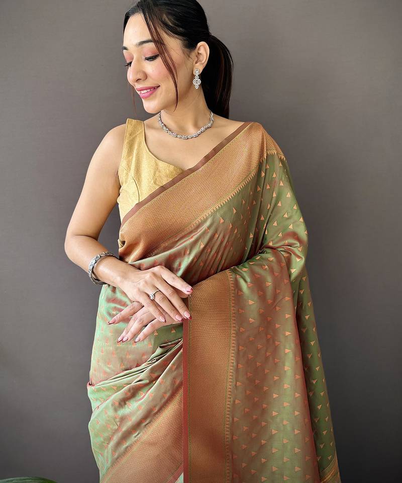olive green soft lichi silk blend jacquard butti zari weaving paithani saree