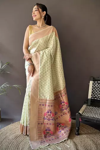beige soft lichi silk blend jacquard butti zari weaving paithani saree