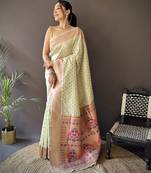 beige soft lichi silk blend jacquard butti zari weaving paithani saree