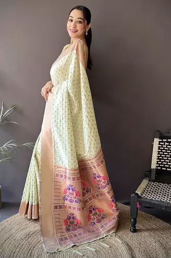 beige soft lichi silk blend jacquard butti zari weaving paithani saree