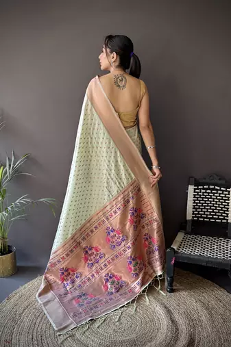 beige soft lichi silk blend jacquard butti zari weaving paithani saree