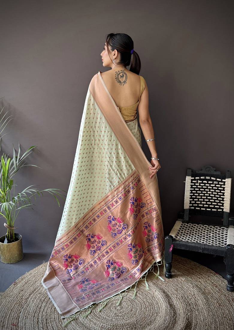 beige soft lichi silk blend jacquard butti zari weaving paithani saree