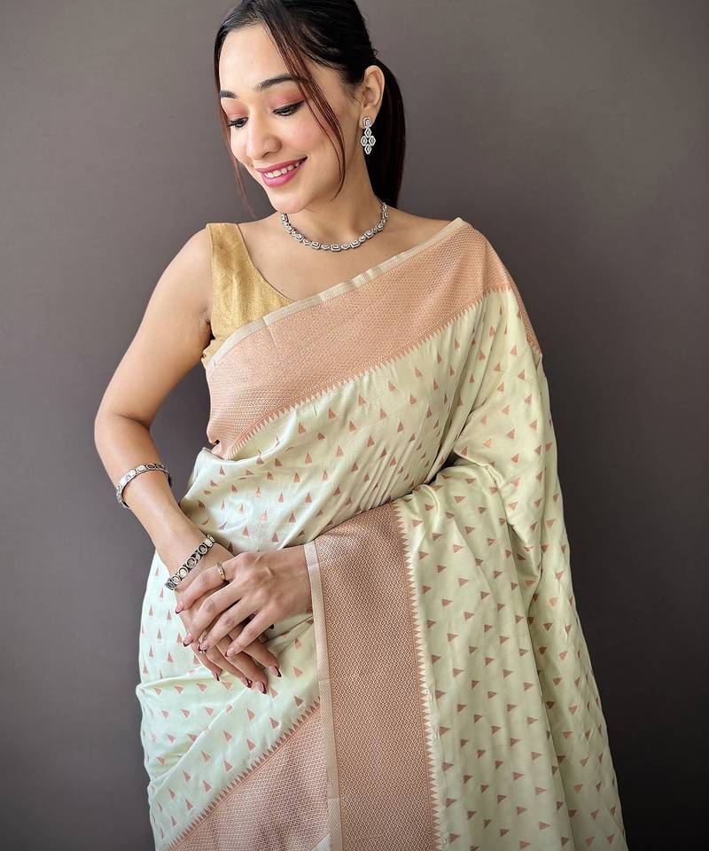 beige soft lichi silk blend jacquard butti zari weaving paithani saree