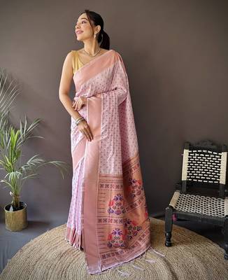 lavender soft lichi silk blend jacquard butti zari weaving paithani saree 1