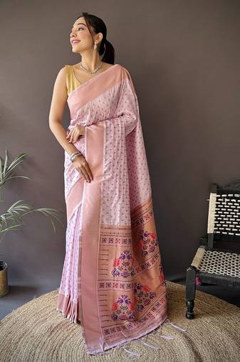 lavender soft lichi silk blend jacquard butti zari weaving paithani saree