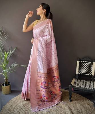 lavender soft lichi silk blend jacquard butti zari weaving paithani saree 2