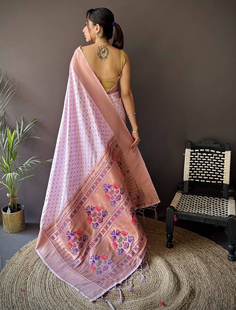 lavender soft lichi silk blend jacquard butti zari weaving paithani saree