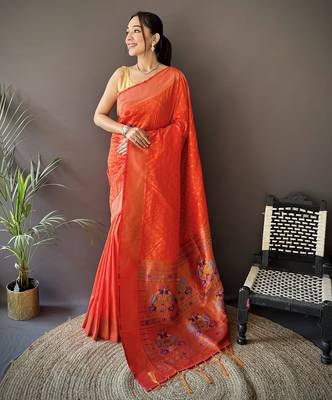orange soft lichi silk blend jacquard butti zari weaving paithani saree 1