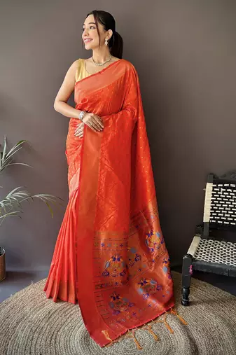 orange soft lichi silk blend jacquard butti zari weaving paithani saree