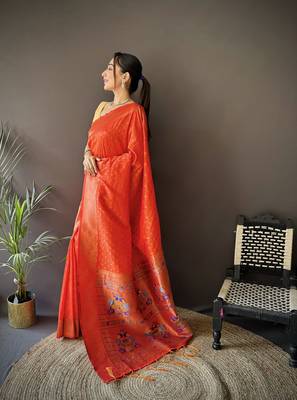 orange soft lichi silk blend jacquard butti zari weaving paithani saree 2