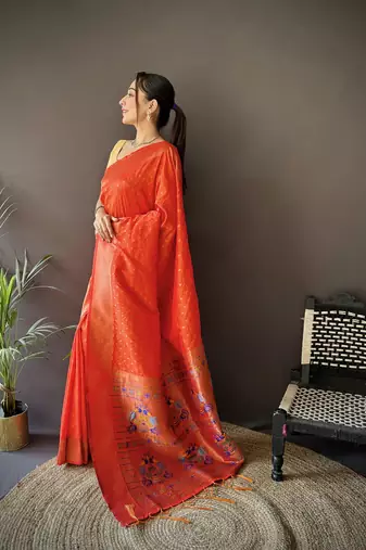 orange soft lichi silk blend jacquard butti zari weaving paithani saree